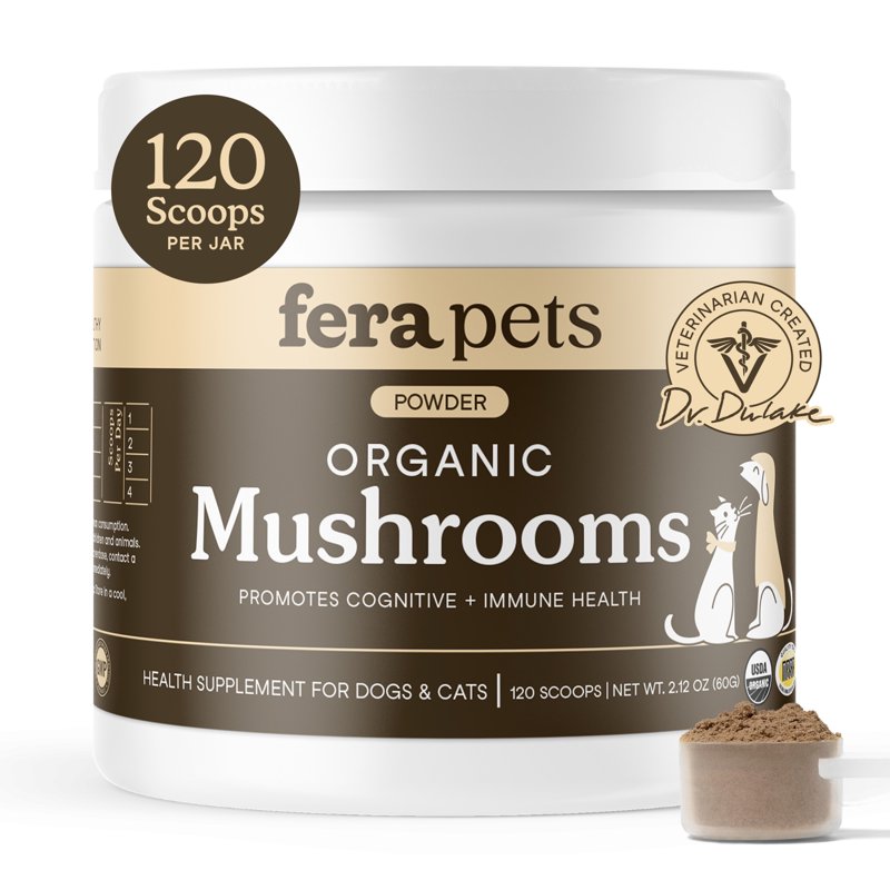 Fera Pets Mushroom Powder for Dogs & Cats USDA Organic Promotes Cognitive & Immune Health 120 Scoops
