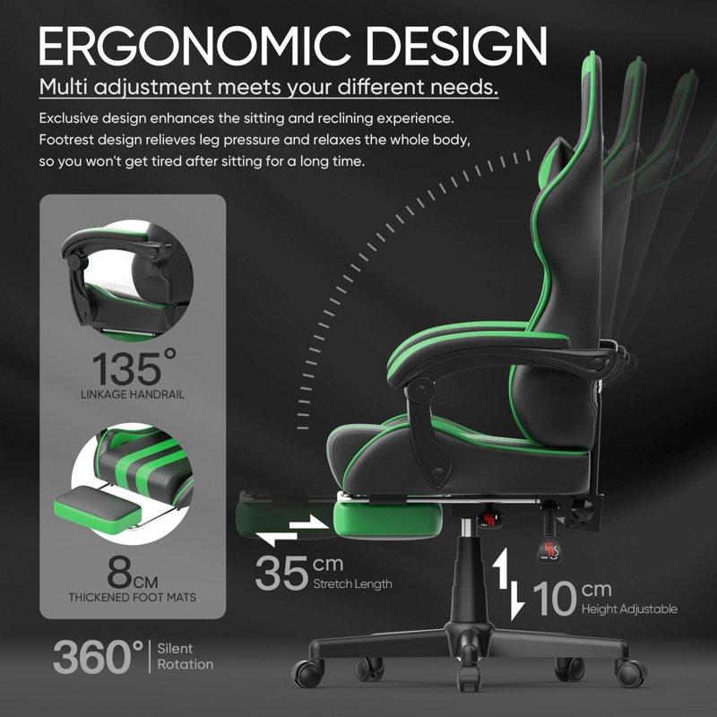 Ferghana High Back Gaming Chair Carbon Fiber PU Leather For Adults Adjustable Arms Green New