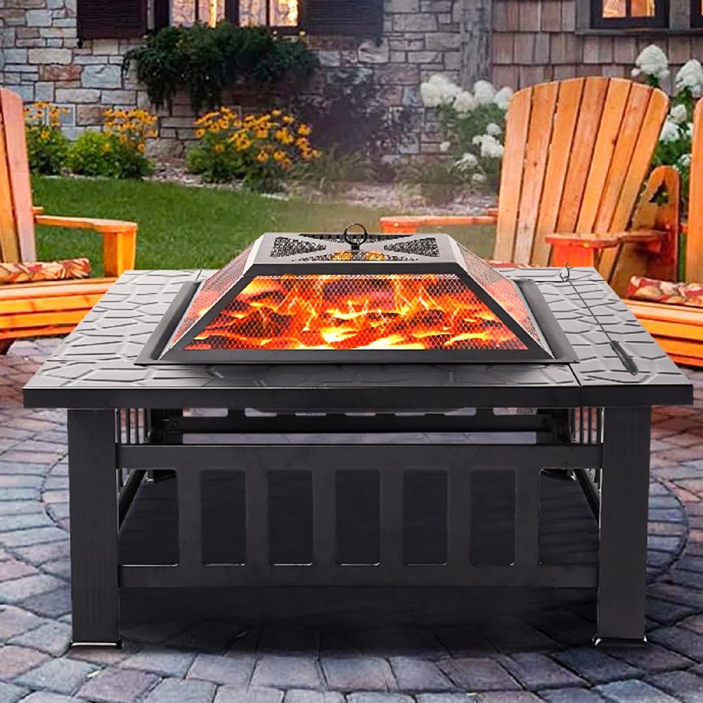 Fire Pits For Outside 32" Wood Burning Fire Pit Tables With Screen Lid Poker BBQ Net Ice Tray Food Clip And Cover Backyard Patio Garden Outdoor Fire Pit/Ice Pit/BBQ Fire Pit Black