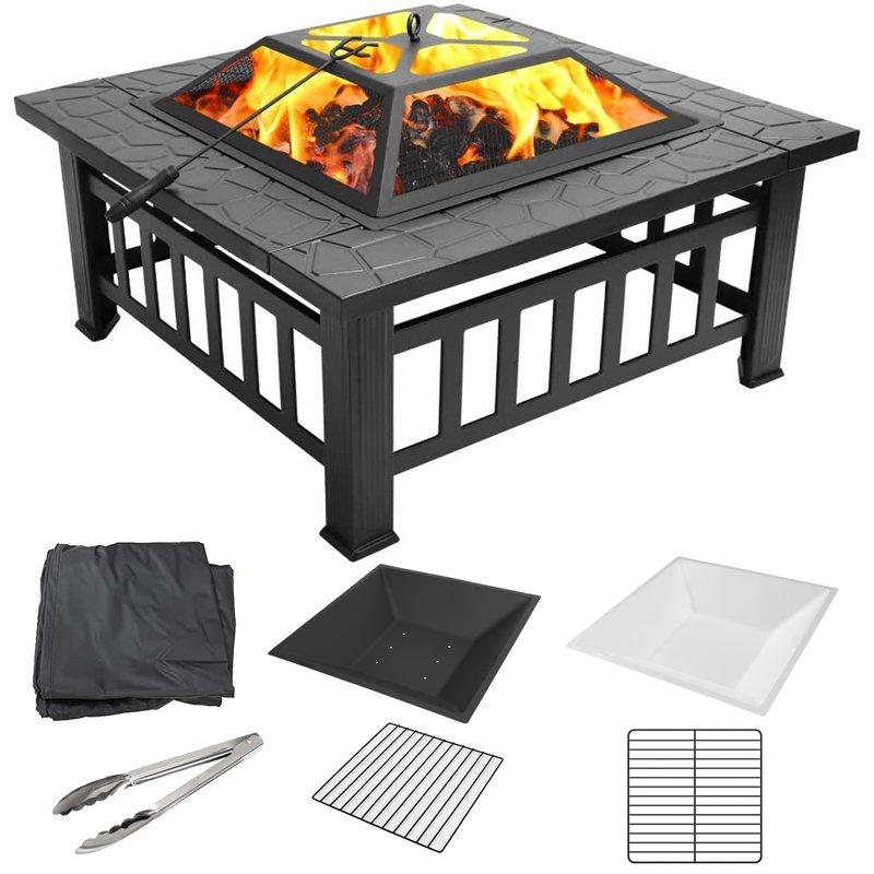 Fire Pits For Outside 32" Wood Burning Fire Pit Tables With Screen Lid Poker BBQ Net Ice Tray Food Clip And Cover Backyard Patio Garden Outdoor Fire Pit/Ice Pit/BBQ Fire Pit Black
