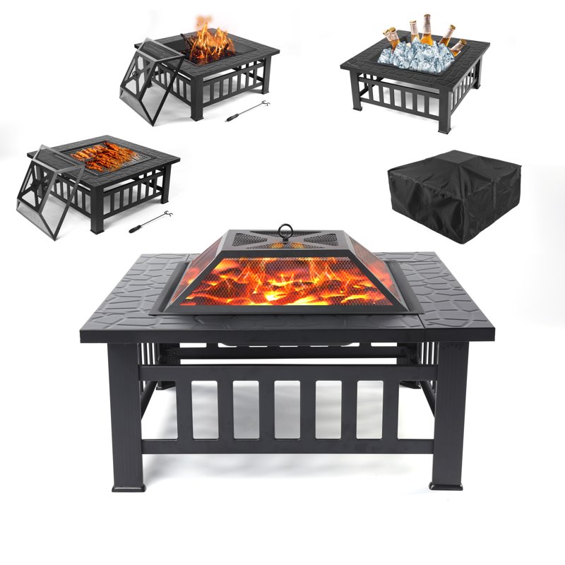 Fire Pits For Outside 32" Wood Burning Fire Pit Tables With Screen Lid Poker BBQ Net Ice Tray Food Clip And Cover Backyard Patio Garden Outdoor Fire Pit/Ice Pit/BBQ Fire Pit Black