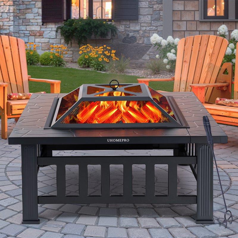 Fire Pits for Outside 32" Wood Burning Fire Pit Tables with Screen Lid Poker BBQ Net Ice Tray Food Clip and Cover Backyard Patio Garden Outdoor Fire Pit/Ice Pit/BBQ Fire Pit Black
