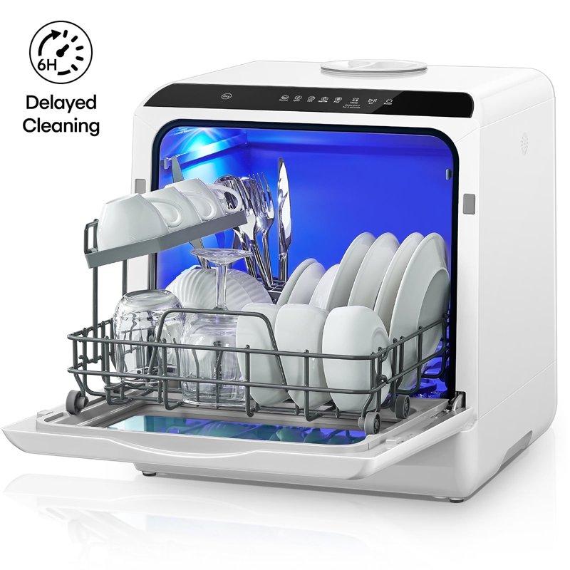 FOHERE Countertop Dishwasher With 6H Delay Cleaning Portable Dishwasher W/5L Built-in Water Tank 6 Programs 360°Dual Spray High-Temp