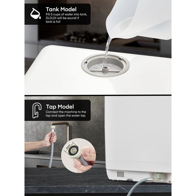 FOHERE Countertop Dishwasher With 6H Delay Cleaning Portable Dishwasher W/5L Built-in Water Tank 6 Programs 360°Dual Spray High-Temp