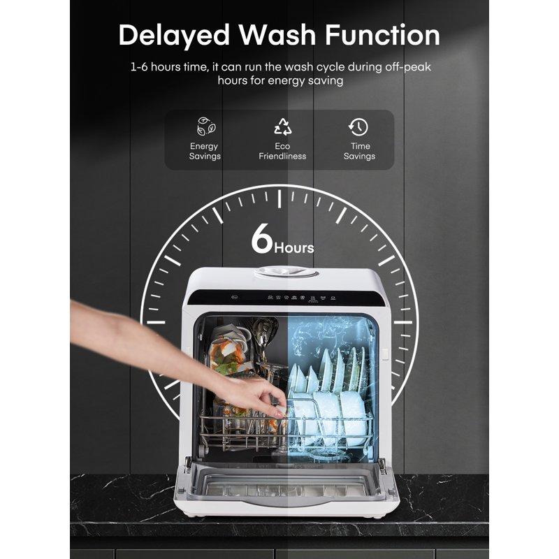 FOHERE Countertop Dishwasher With 6H Delay Cleaning Portable Dishwasher W/5L Built-in Water Tank 6 Programs 360°Dual Spray High-Temp