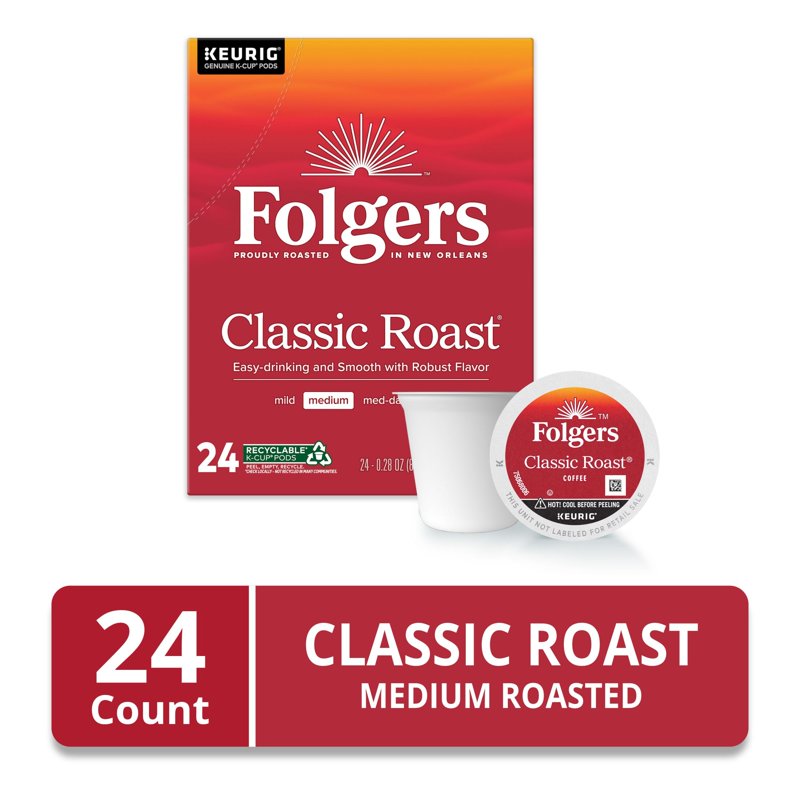Folgers Classic Roast Medium Roast Coffee Keurig K Cup Pods 24 Count Box
