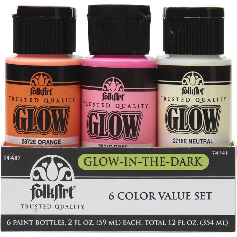FolkArt 7494E Glow-in-the-Dark Acrylic Paint Set Matte Finish Set Of 6 12 Fl Oz