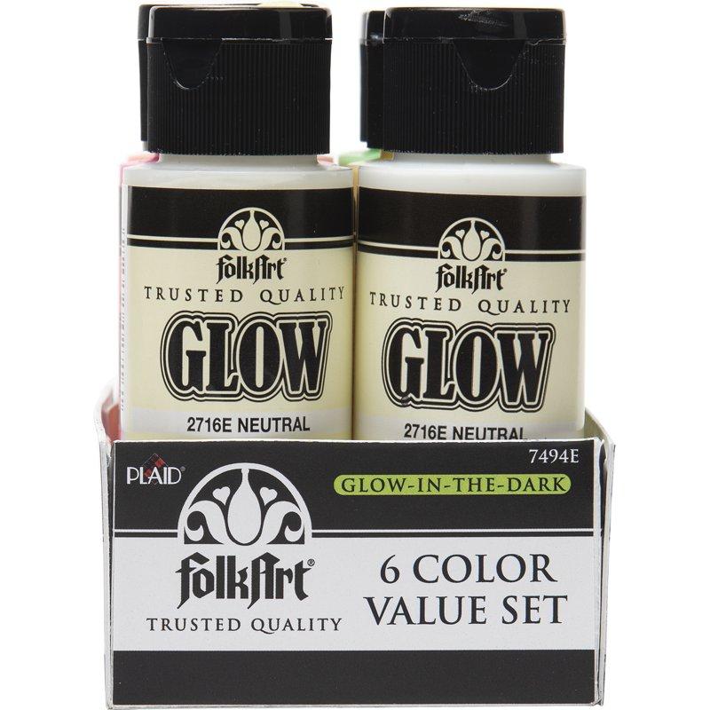 FolkArt 7494E Glow-in-the-Dark Acrylic Paint Set Matte Finish Set Of 6 12 Fl Oz