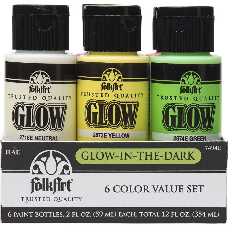 FolkArt 7494E Glow-in-the-Dark Acrylic Paint Set Matte Finish Set of 6 12 fl oz