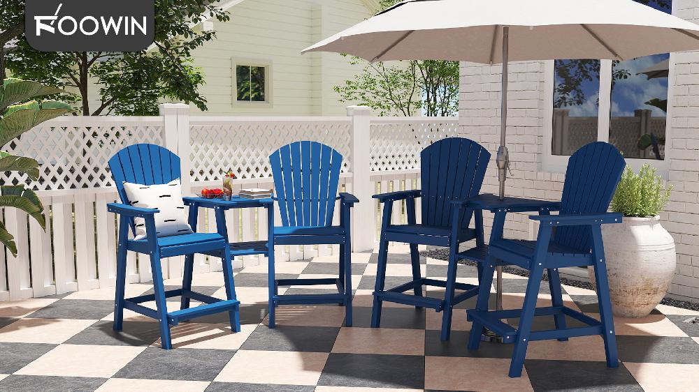 FOOWIN Tall Adirondack Chairs Set Of 2 HDPE Outdoor Adirondack Barstools With Double Connecting Tray Patio Stools Weather Resistant For Outdoor Deck Lawn Pool Backyard Grey