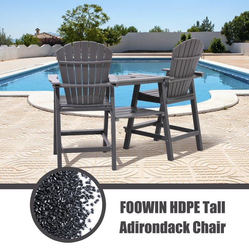 FOOWIN Tall Adirondack Chairs Set Of 2 HDPE Outdoor Adirondack Barstools With Double Connecting Tray Patio Stools Weather Resistant For Outdoor Deck Lawn Pool Backyard Grey