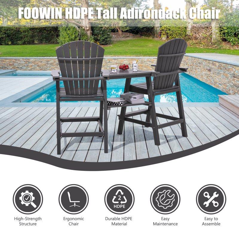 FOOWIN Tall Adirondack Chairs Set Of 2 HDPE Outdoor Adirondack Barstools With Double Connecting Tray Patio Stools Weather Resistant For Outdoor Deck Lawn Pool Backyard Grey