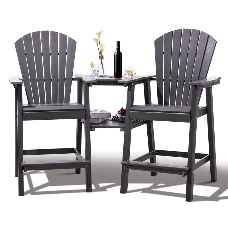 FOOWIN Tall Adirondack Chairs Set of 2 HDPE Outdoor Adirondack Barstools with Double Connecting Tray Patio Stools Weather Resistant for Outdoor Deck Lawn Pool Backyard Grey
