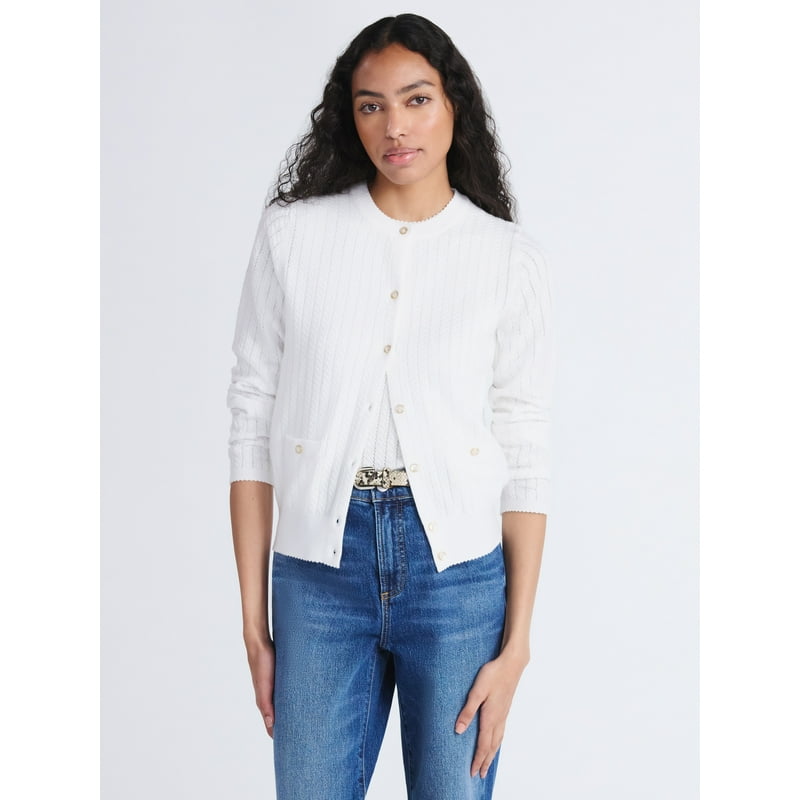 Free Assembly Women's and Women's Plus Cozy Yarn Welt Pocket Cable Cardigan Sweater Midweight Sizes XS-4X