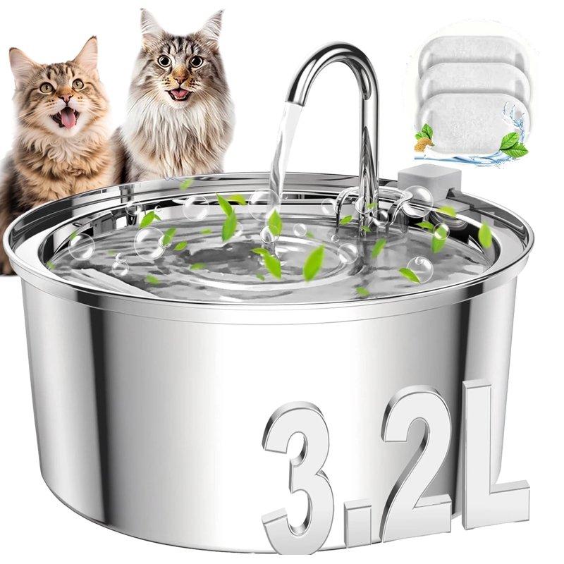 FWMB 3.2L/108oz Cat Water Fountain Premium Stainless Steel With 3 Filters Automatic Pet Fountain Dispenser For Cats Dogs With Ultra-Quiet Pump