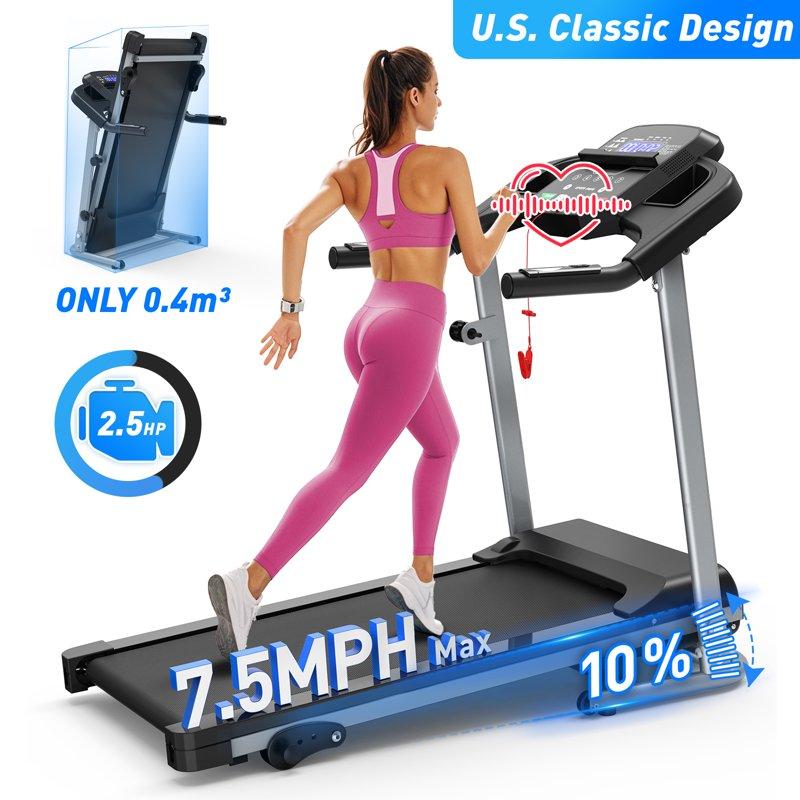 FYC Foldable Electric Treadmill for Home 2.5HP Quiet Brushless 7.5 MPH Indoor Running Machine with Heart Rate Sensor and LCD Display (Grey)