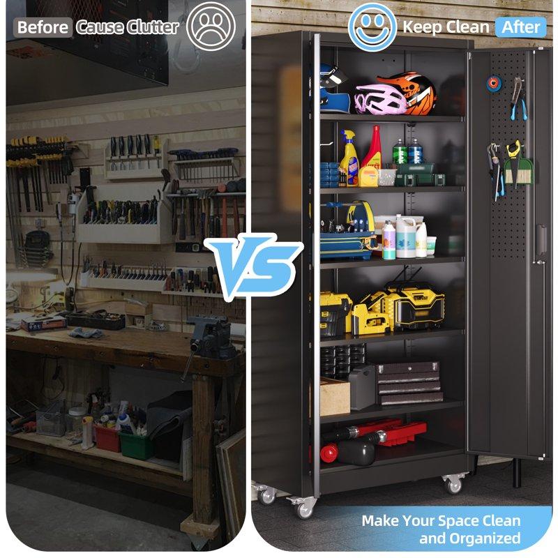 GangMei 71 Inches Tall Metal Rolling Garage Storage Cabinets With Locking Doors And 5 Adjustable Shelves Metal Storage Cabinet For Garage Office Home Classroom Assemble Required(Black)