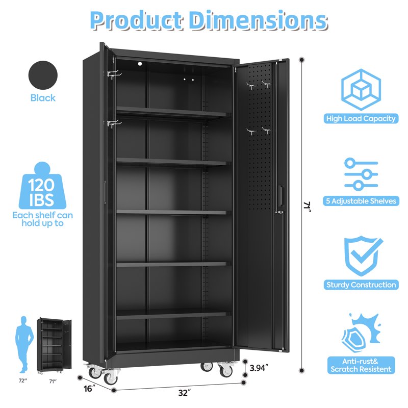 GangMei 71 Inches Tall Metal Rolling Garage Storage Cabinets With Locking Doors And 5 Adjustable Shelves Metal Storage Cabinet For Garage Office Home Classroom Assemble Required(Black)