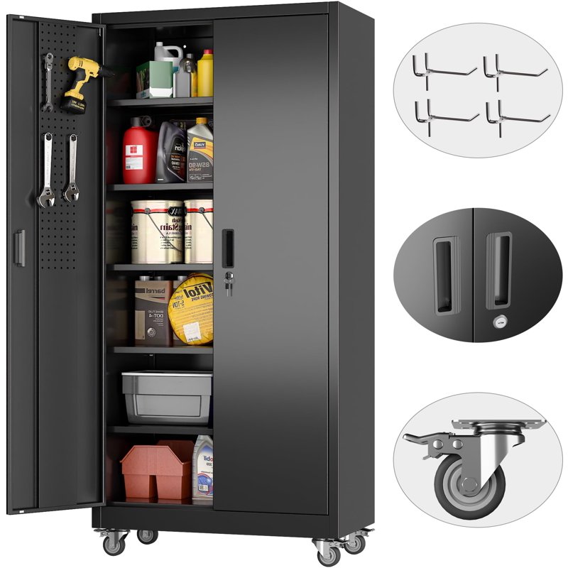 GangMei 71 inches Tall Metal Rolling Garage Storage Cabinets with Locking Doors and 5 Adjustable Shelves Metal Storage Cabinet for Garage Office Home Classroom Assemble Required(Black)