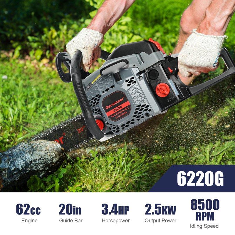 Garwinner Gas Chainsaw 20'' 2-Stroke 62CC Cordless Chainsaw 6220G For Farm Garden Ranch Cutting Wood/Firewood