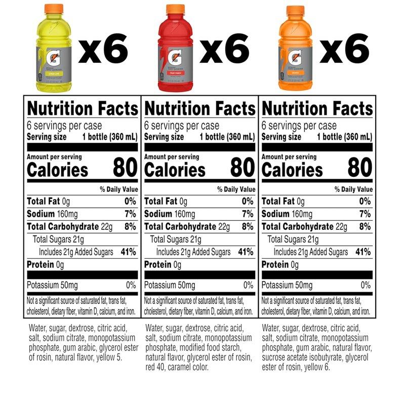 Gatorade Sports Drinks Lemon Lime/Orange/Fruit Punch Variety Pack 12 Fl Oz 18 Count Bottles