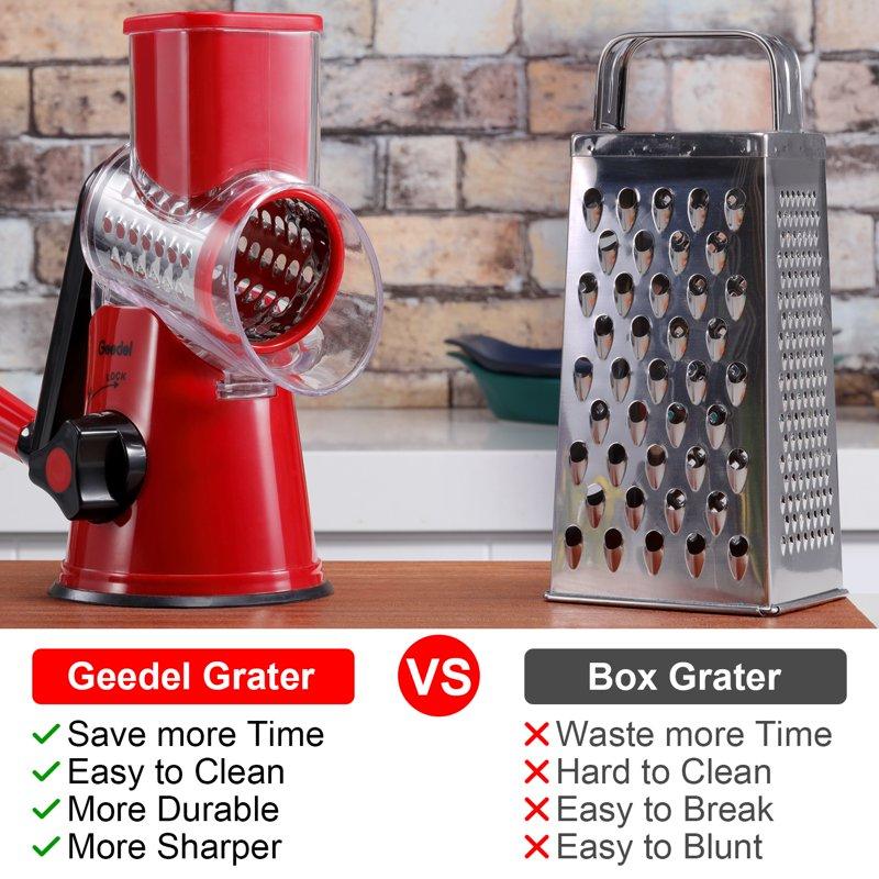 Geedel Rotary Cheese Grater Kitchen Grater Vegetable Slicer With 3 Interchangeable Blades Powerful Suction Dishwasher Safe Easy To Clean Grater For Vegetable Fruit Nuts