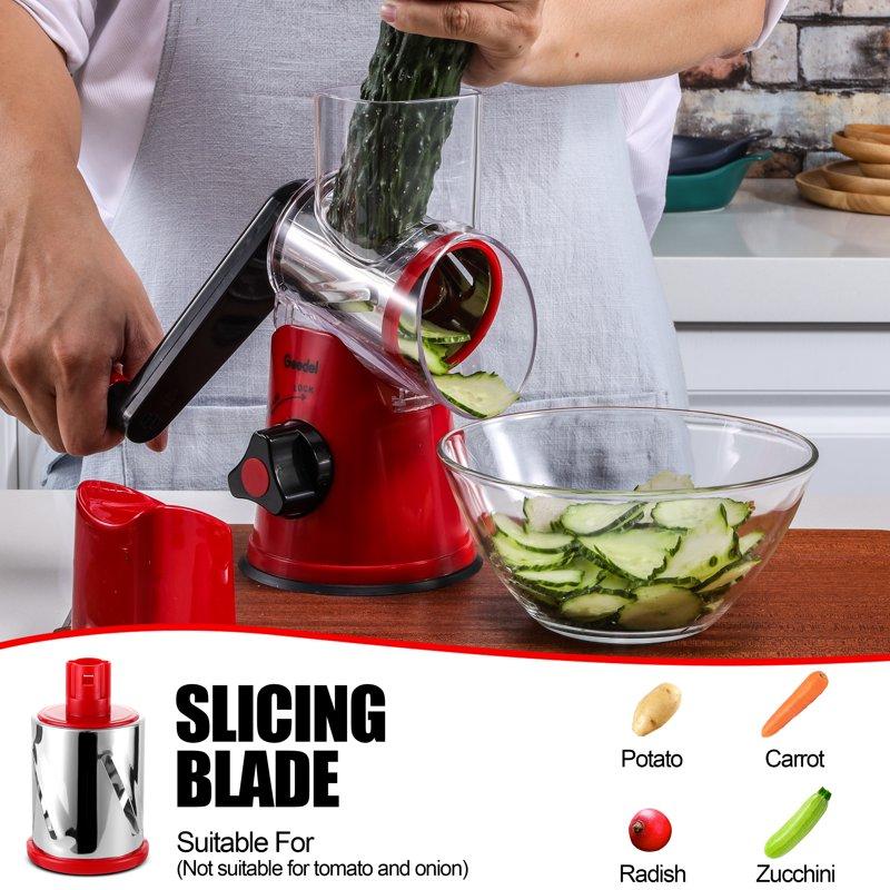 Geedel Rotary Cheese Grater Kitchen Grater Vegetable Slicer With 3 Interchangeable Blades Powerful Suction Dishwasher Safe Easy To Clean Grater For Vegetable Fruit Nuts