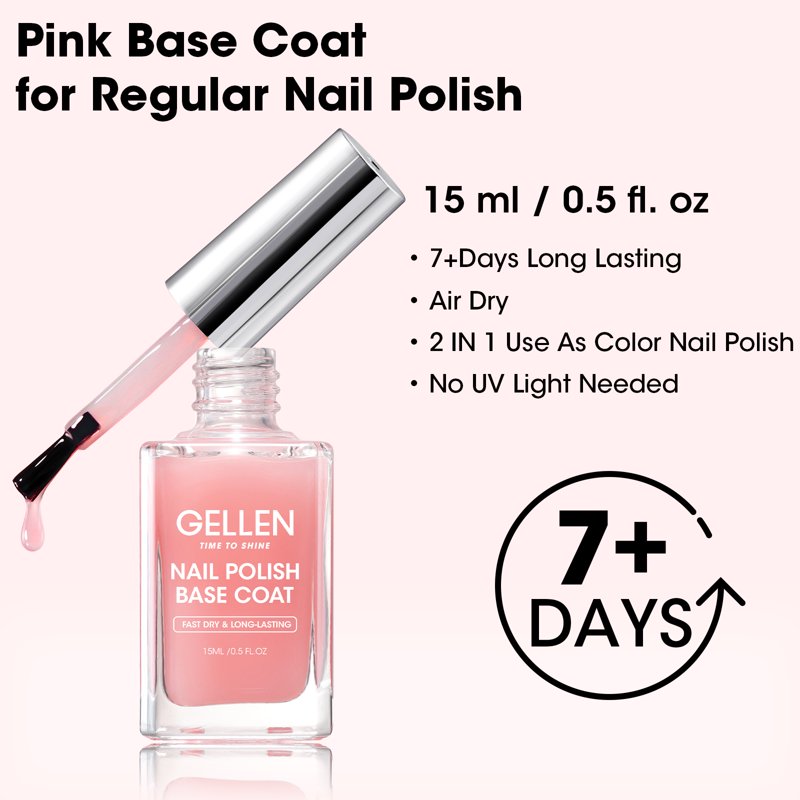Gellen Nude Pink Base Coat For Regular Nail Lacquer With Organic Calcium Quick Air Dry Long Lasting No Wipe Glossy Nail Base Coat For Manicure Salon Chip Resistant No UV Lamp Needed 15ml