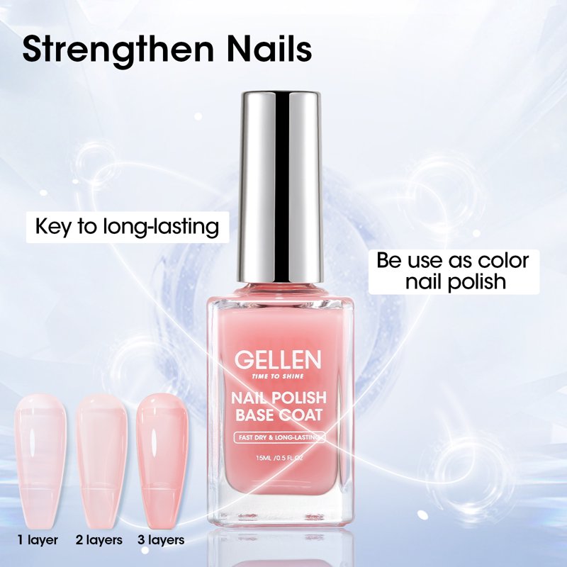 Gellen Nude Pink Base Coat For Regular Nail Lacquer With Organic Calcium Quick Air Dry Long Lasting No Wipe Glossy Nail Base Coat For Manicure Salon Chip Resistant No UV Lamp Needed 15ml