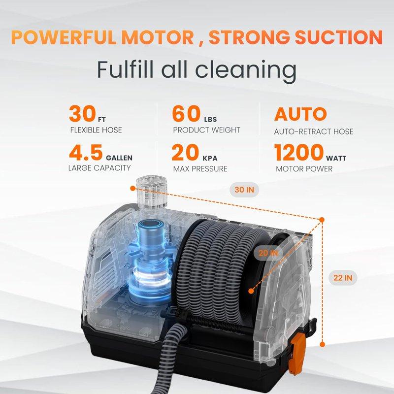 Giraffe Tools Wet Dry Vacuum Cleaner With 30FT Retractable Hose Remote Control