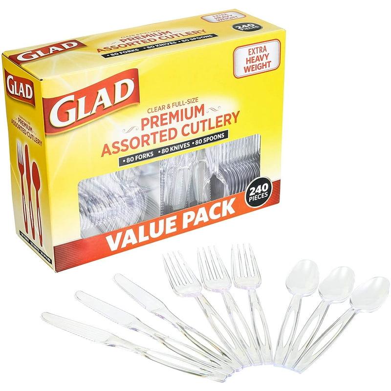 Glad Clear Assorted Premium Plastic Cutlery Set (240-Piece) Disposable Glad Clear Assorted Premium Plastic Cutlery Set (240-Piece) Disposable