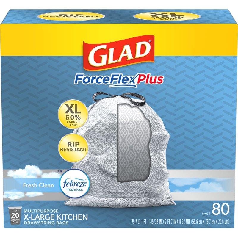 Glad ForceFlex Plus 20 Gallon Gray Drawstring XL Kitchen Trash Bag Fresh Clean 80 Bags