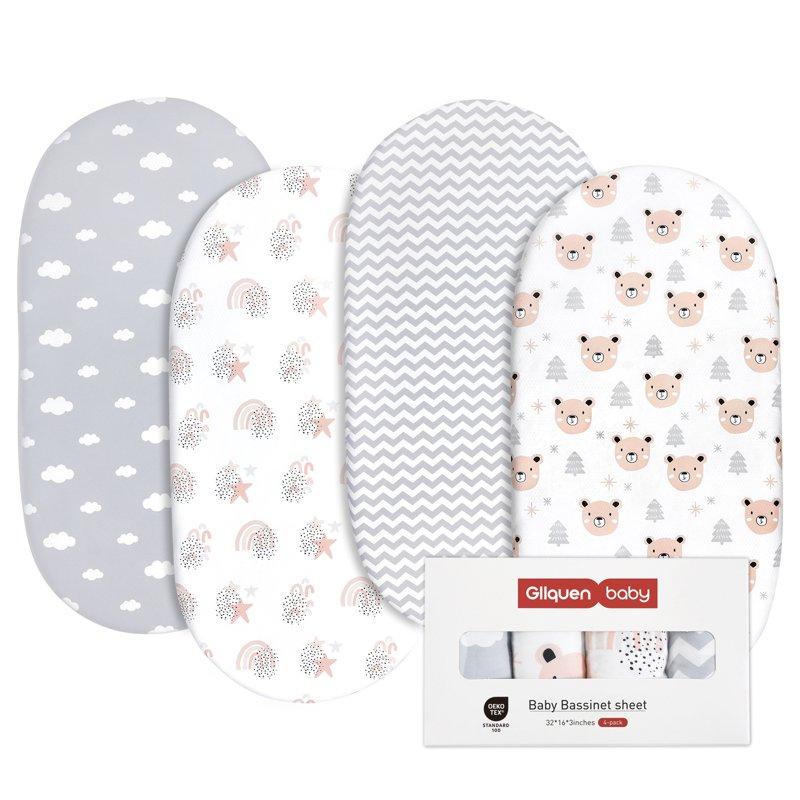 Gllquen Baby Premium Bassinet Sheets Set 4 Pack For Newborn Baby Boys Girls Cloud & Bears