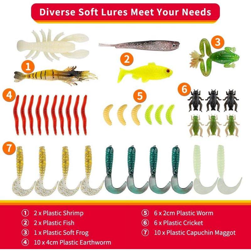 GOANDO Fishing Lures Kit For Freshwater Bait Tackle Kit For Bass Trout Salmon Fishing Accessories Tackle Box Including Spoon Lures Soft Plastic Worms 78-Piece