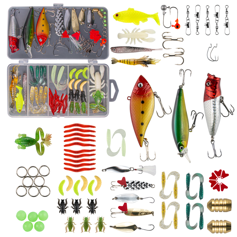 GOANDO Fishing Lures Kit for Freshwater Bait Tackle Kit for Bass Trout Salmon Fishing Accessories Tackle Box Including Spoon Lures Soft Plastic Worms 78-Piece