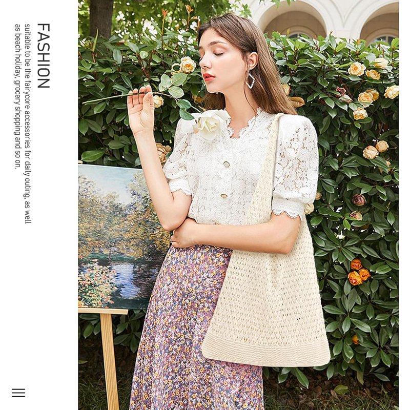 Gocvo Crochet Bag For Women Crochet Tote Summer Bag Mesh Large Shoulder Bag (Beige 14 X 10 X 26.5in)