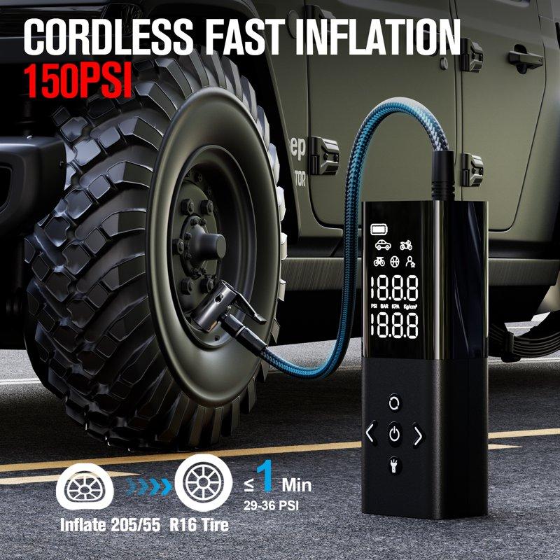 GOOLOO AP150 Cordless Tire Inflator Portable Air Compressor 150 PSI Air Pump For Car Tires 6000mAh Tire Pump With Pressure Gauge LED Light Auto-shutoff For Bicycle Bikes Motorcycles Balls