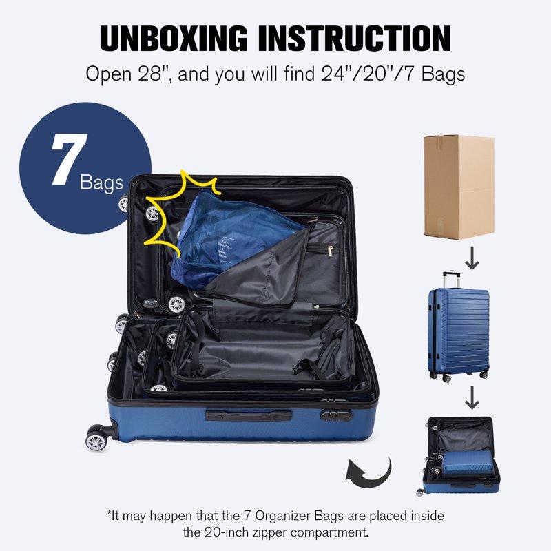 Gowill 3 Piece Luggage Sets Travel Suitcase Set With 7PCS Organizer Bags Navy Blue