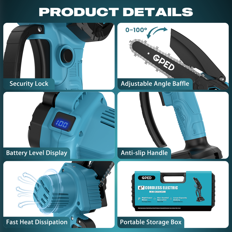 GPED Mini Chainsaw 6 Inch Portable Electric Chainsaw Cordless Handheld Chain Saw Pruning Shears Chainsaw For Tree Branches Courtyard Household And Garden Blue