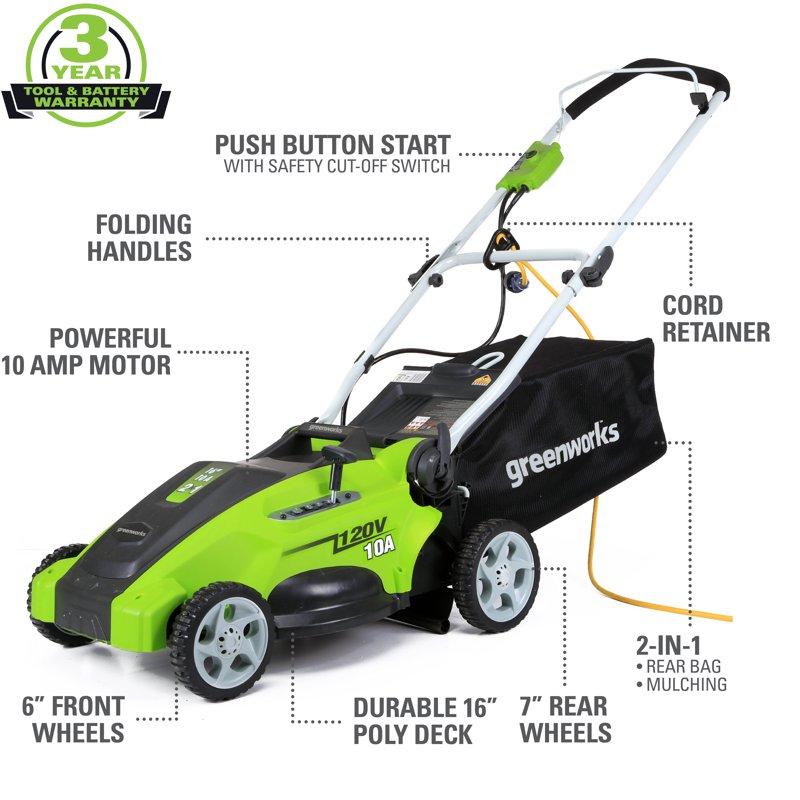 Greenworks 16" Corded Electric 10 Amp Walk-Behind Push Lawn Mower 25142