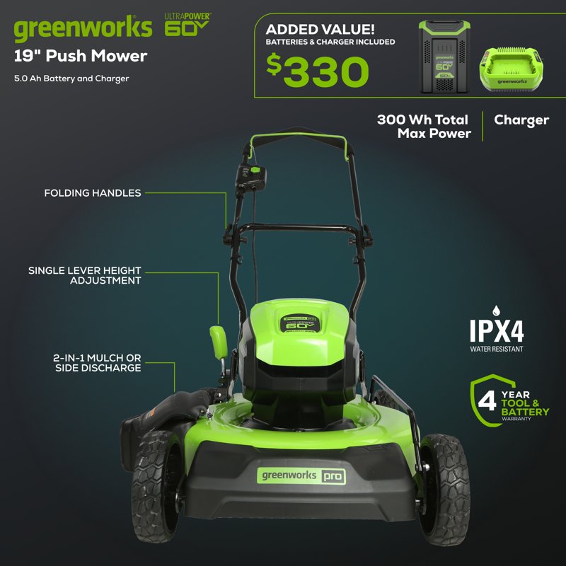 Greenworks 60V 19" Cordless Battery Push Lawn Mower With 5.0Ah Battery & Charger 2531802