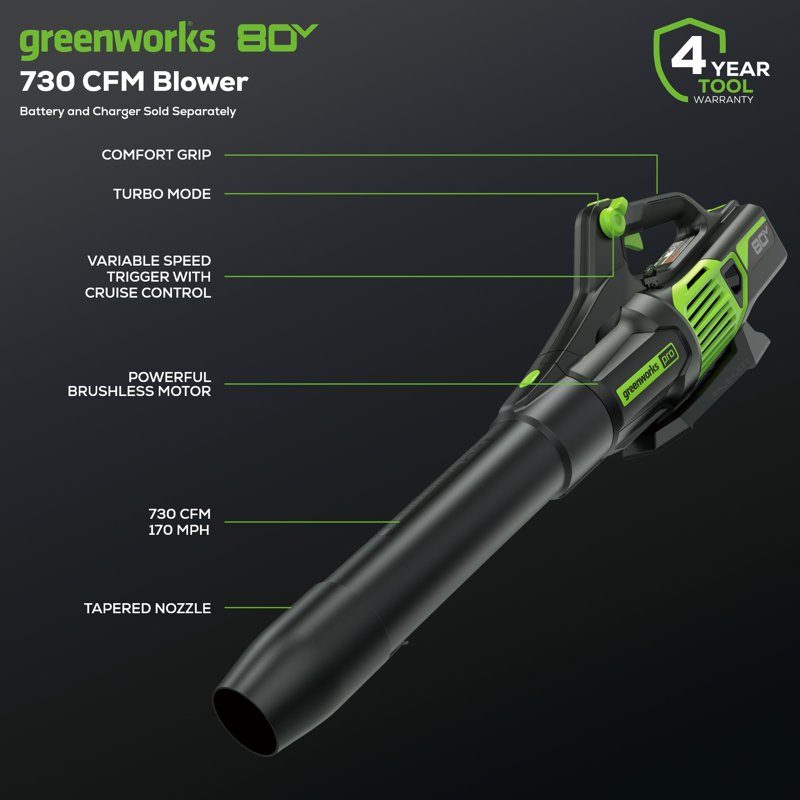Greenworks Pro 80V (170 MPH / 730 CFM) Brushless Cordless Axial Blower Tool Only BL80L02