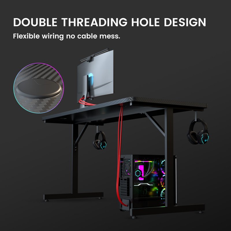 GTRACING 55" Large RGB Sturdy Gaming Desk With Mouse Pad T-Shaped Office Chair Computer Desk Spacious Work Surface Table Black