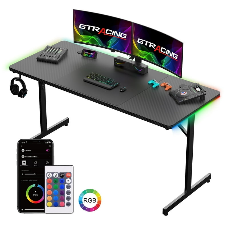 GTRACING 55" Large RGB Sturdy Gaming Desk with Mouse Pad T-Shaped Office Chair Computer Desk Spacious Work Surface Table Black