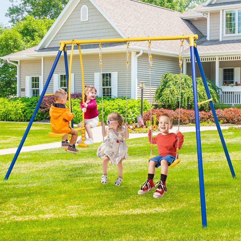 Gymax 3-12 Years A Frame Stand Metal HDPE Heavy Duty Swing Set 105'' X 60'' X 77'' Blue / Yellow