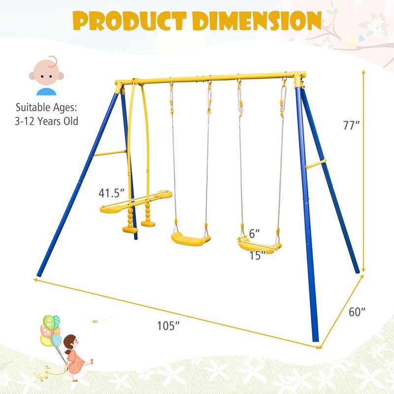Gymax 3-12 Years A Frame Stand Metal HDPE Heavy Duty Swing Set 105'' X 60'' X 77'' Blue / Yellow
