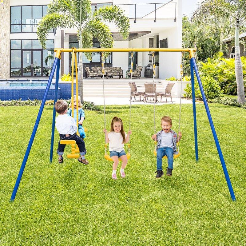 Gymax 3-12 Years A Frame Stand Metal HDPE Heavy Duty Swing Set 105'' X 60'' X 77'' Blue / Yellow