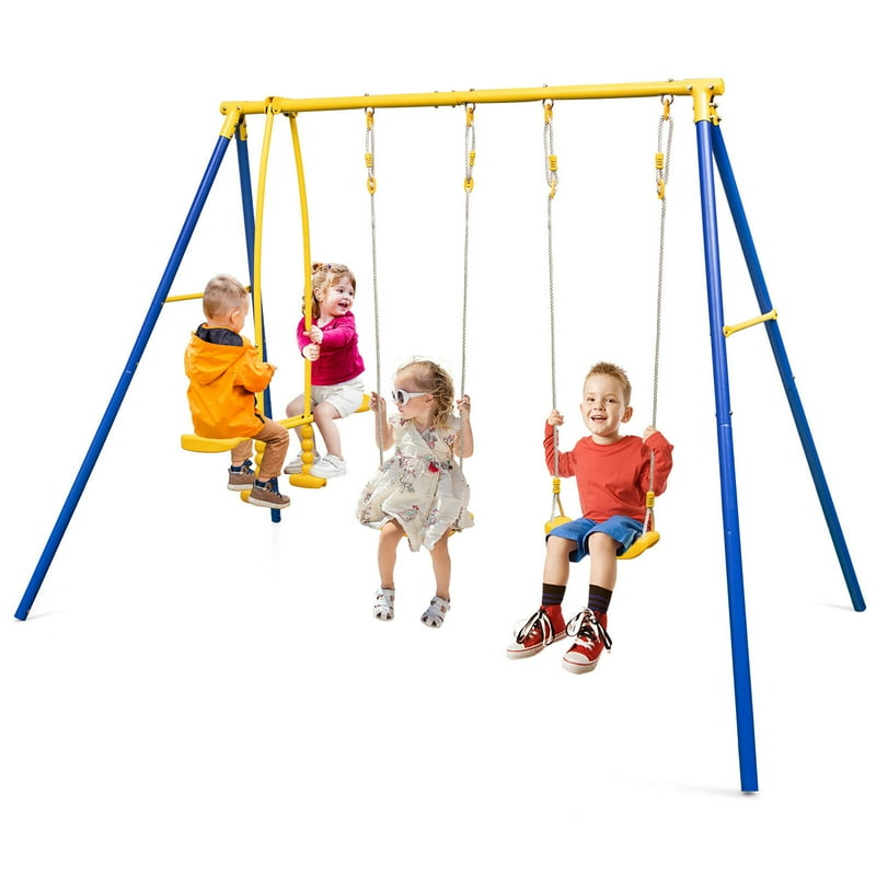 Gymax 3-12 Years A frame Stand Metal HDPE Heavy duty Swing Set 105'' x 60'' x 77'' Blue / Yellow