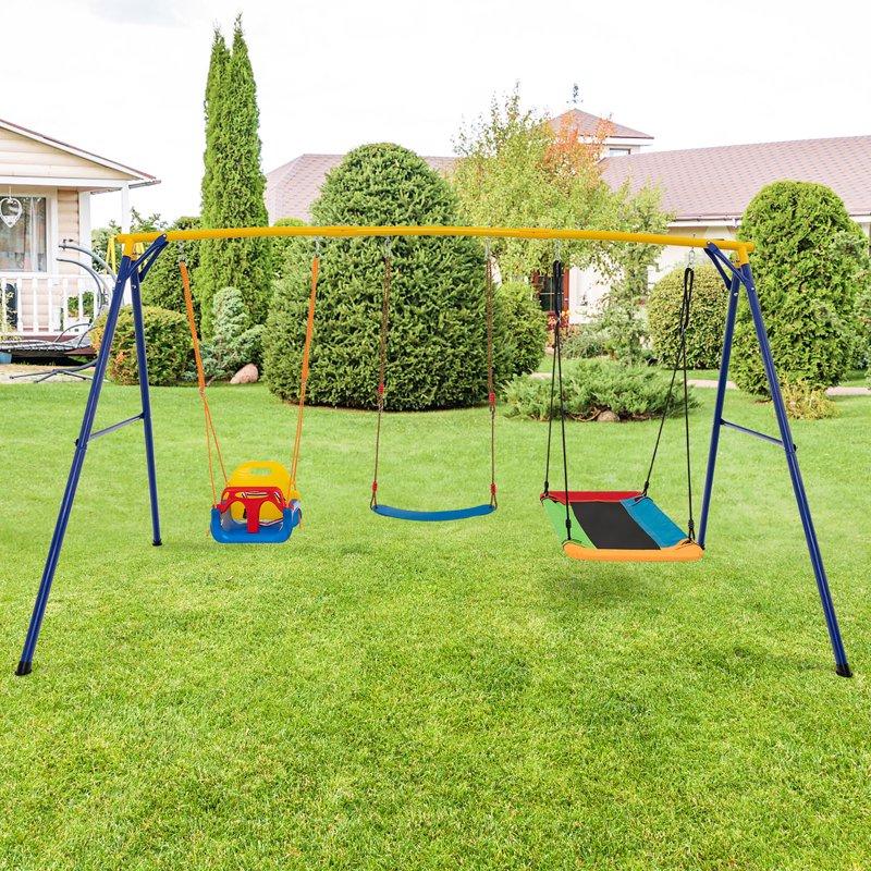 Gymax 3-in-1 Kids Swing Set 660 LBS Carbon Steel Swing Frame W/ Belt Swing For Toddlers