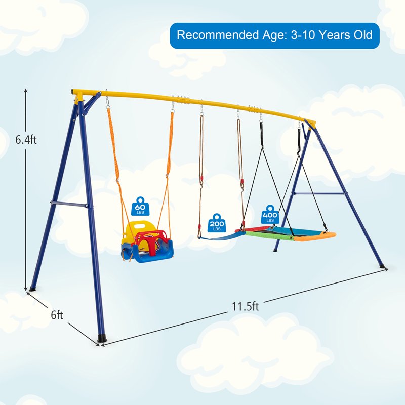 Gymax 3-in-1 Kids Swing Set 660 LBS Carbon Steel Swing Frame W/ Belt Swing For Toddlers
